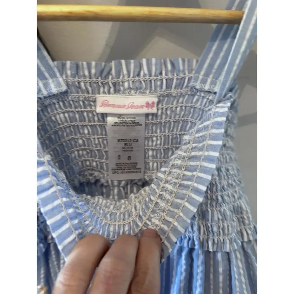 Bonnie Jean Girls Dress Sz 8 Blue Striped Seersucker Spring Maxi Summer Easter